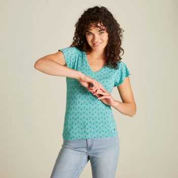T-shirt col V à manches volantées - Turquoise