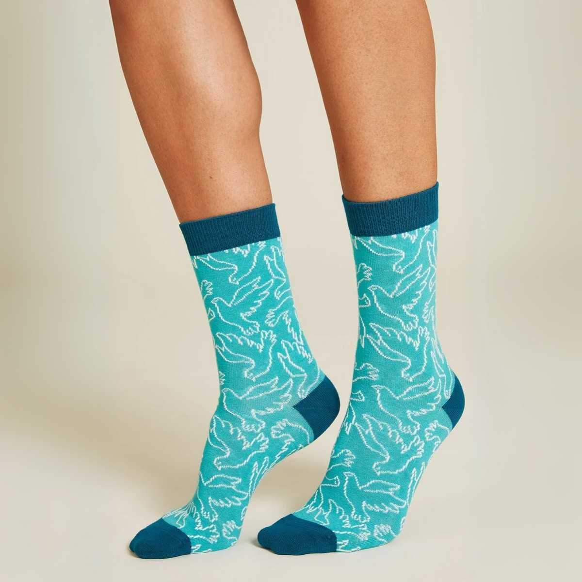Chaussettes "DOVES" bleu turquoise - Imprimé colombe