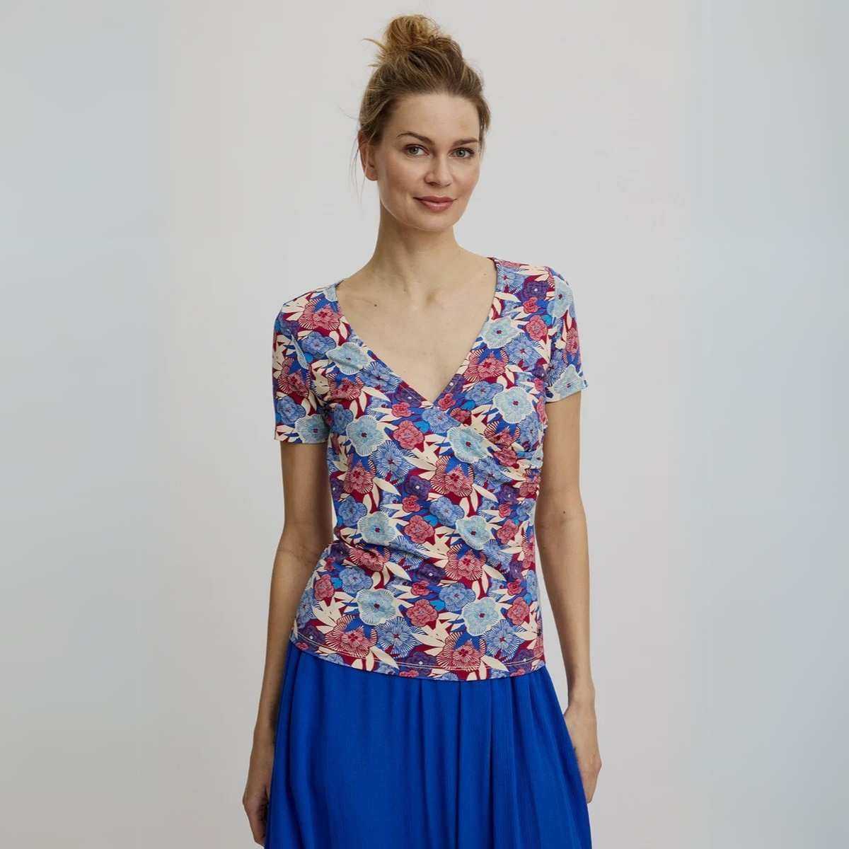 Haut col V style portefeuille - Imprimé fleuri coloré