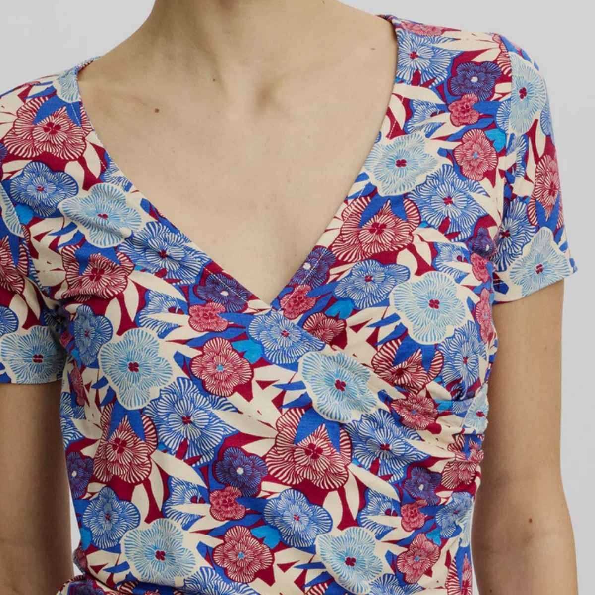 Haut col V style portefeuille - Imprimé fleuri coloré