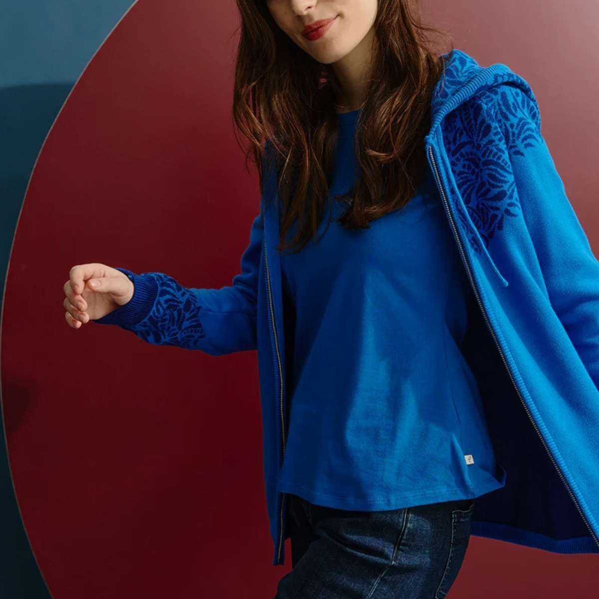 Cardigan zippée à capuche motif jacquard, 100% coton bio