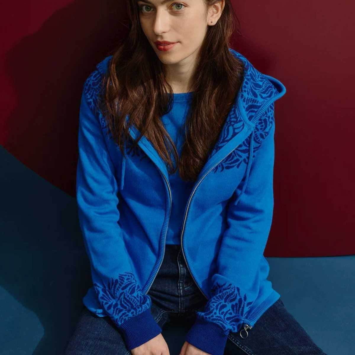 Cardigan zippée à capuche motif jacquard, 100% coton bio