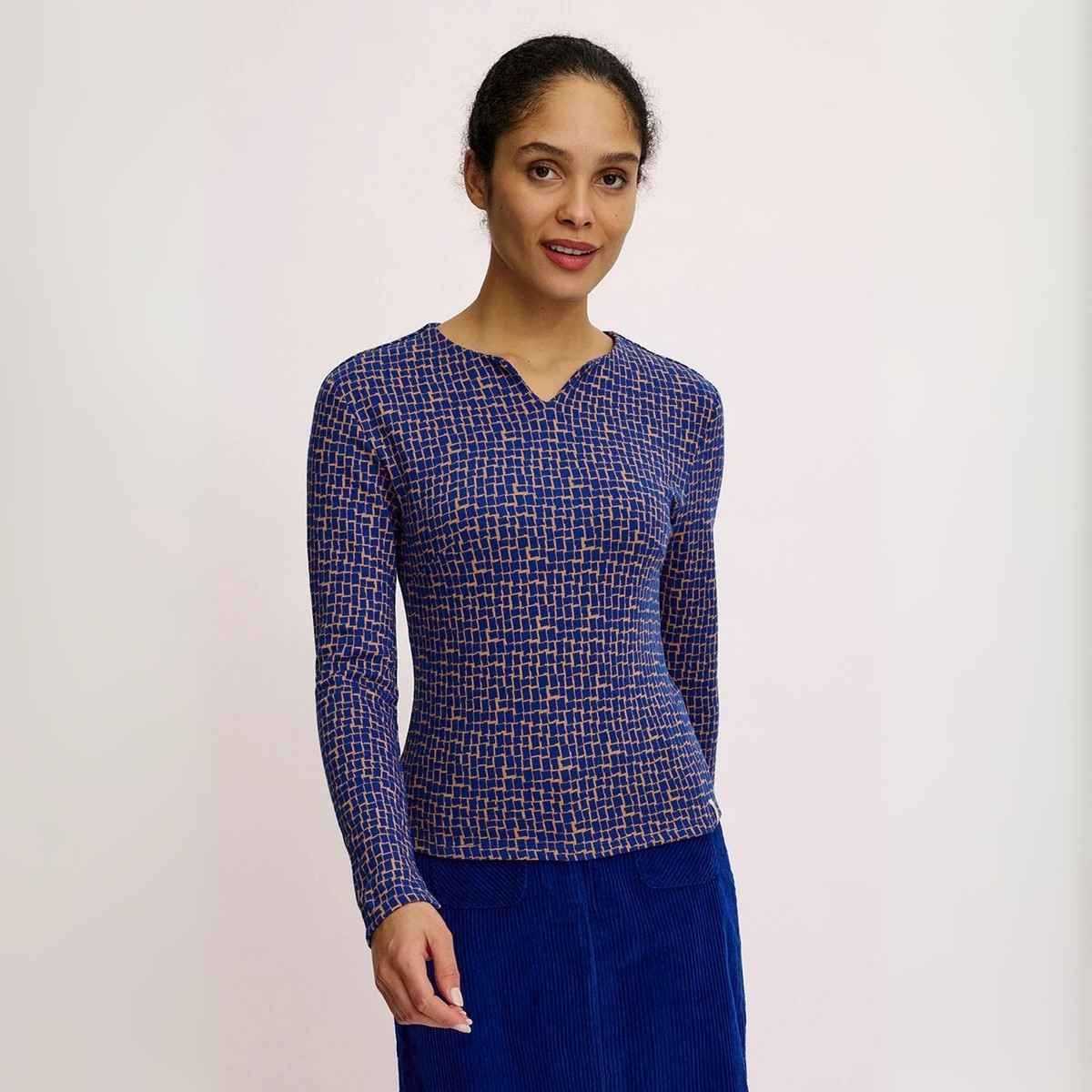 Haut chemisier imprimé rétro avec col fendu à manches longues, coton bio