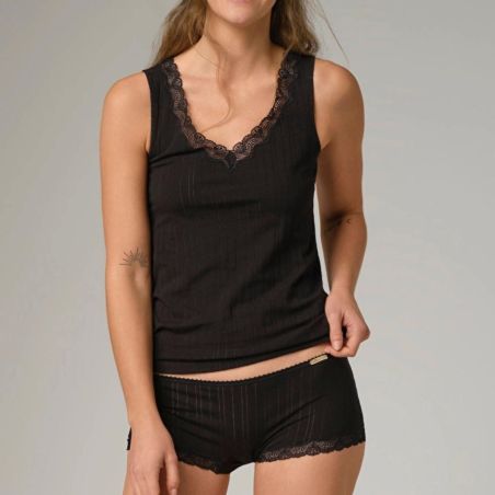 Débardeur à rayures satinées et dentelle - 92% coton bio - GOTS, Fairtrade