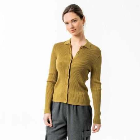 Gilet en tricot côtelé "UNARA" avec col polo – 100 % coton bio