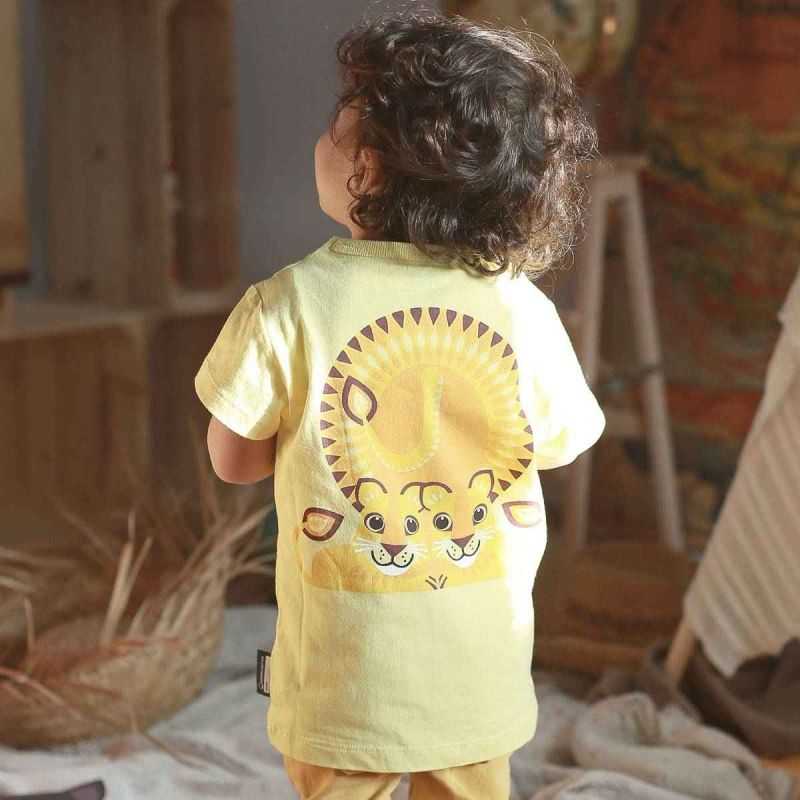 T-shirt enfant "LION" jaune à manches courtes, 100% coton bio