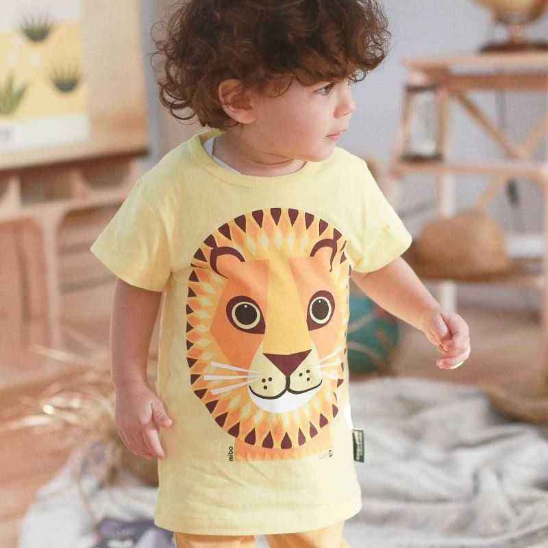 T-shirt enfant "LION" jaune à manches courtes, 100% coton bio