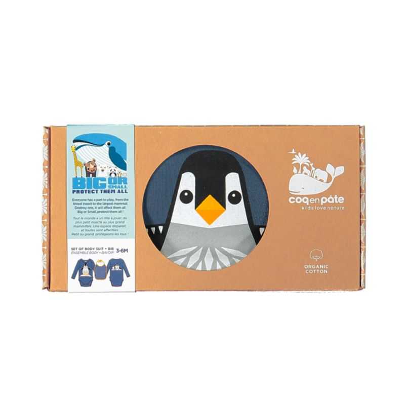Coffret body manches longues et bavoir "PINGOUIN" - 100% coton bio