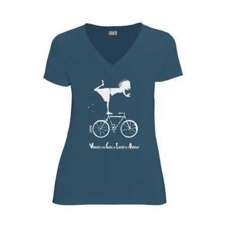 T-shirt "VÉLO" col V, coupe féminine - 100% Coton bio