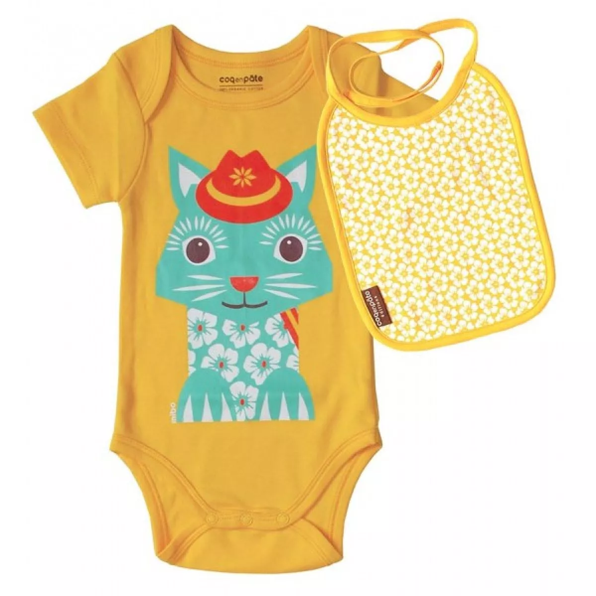 Body et bavoir coton bio jaune Chat Body et bavoir coton bio jaune Chat