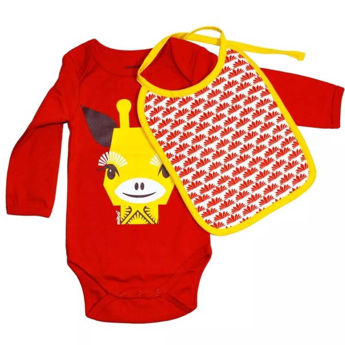 Body manches longues et bavoir coton bio rouge Girafe Body manches longues et bavoir coton bio rouge Girafe