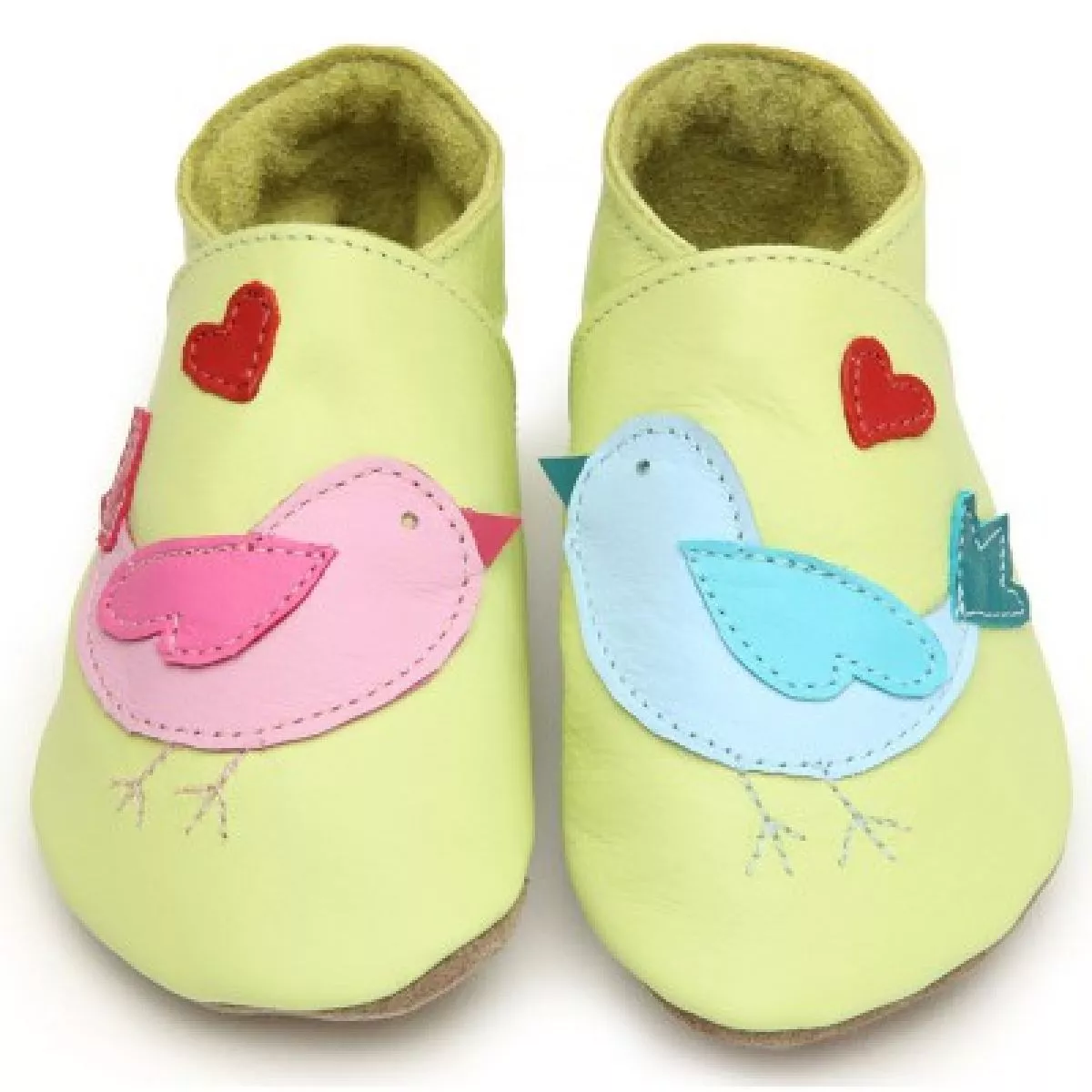 Chaussons bébé cuir souple oiseaux vert anis