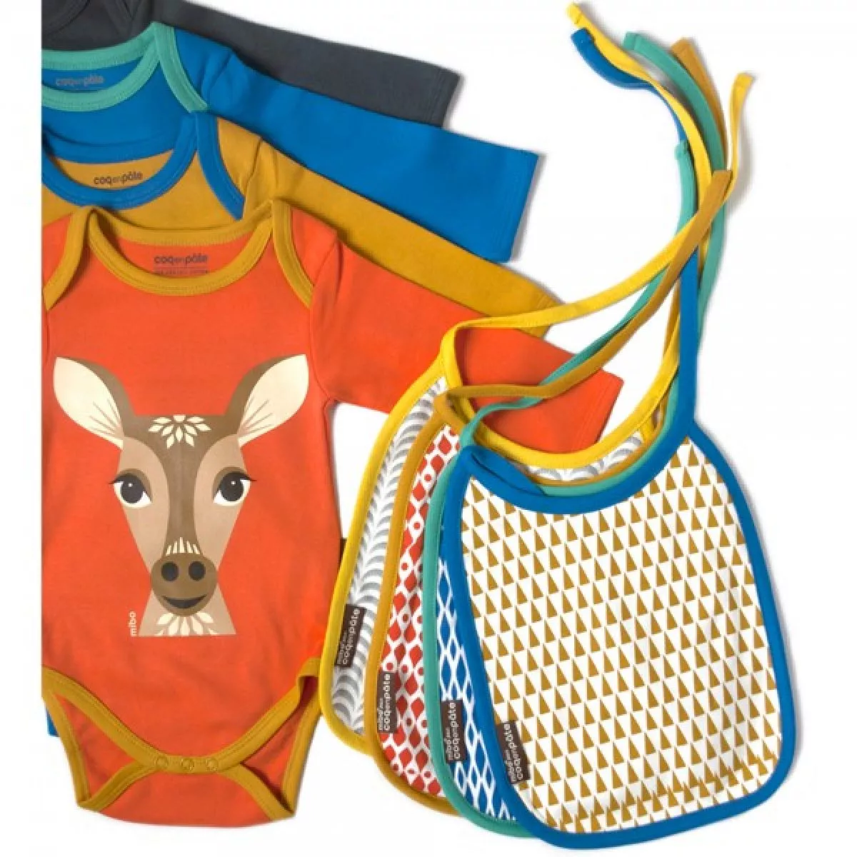 Body manches longues et bavoir coton bio biche rouge corail