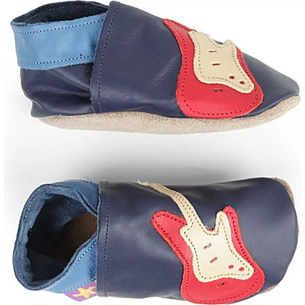 Chaussons cuir souple marine Guitare rouge