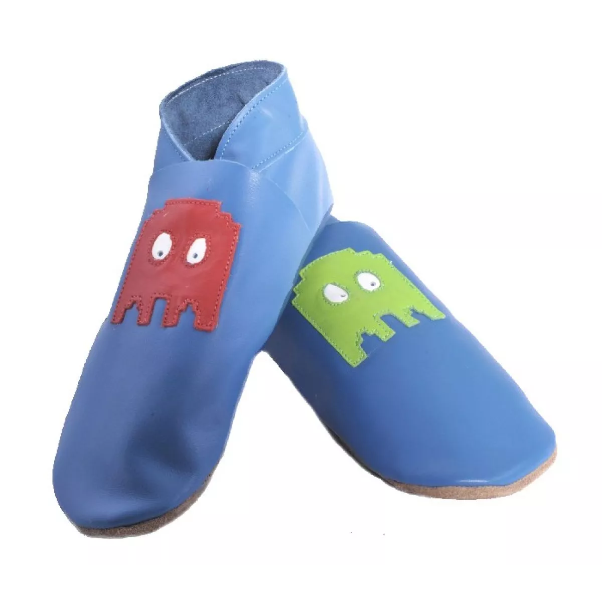 Chaussons cuir souple bleu Pacman