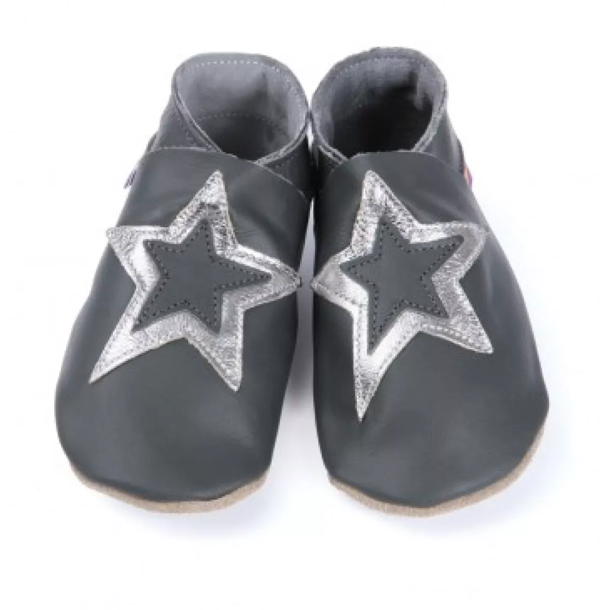 Chaussons cuir souple anthracite grande étoile argentée Chaussons cuir souple anthracite grande étoile argentée