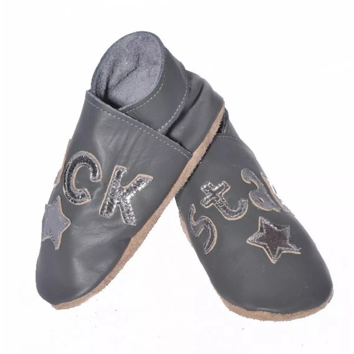 Chaussons cuir souple gris Rock star