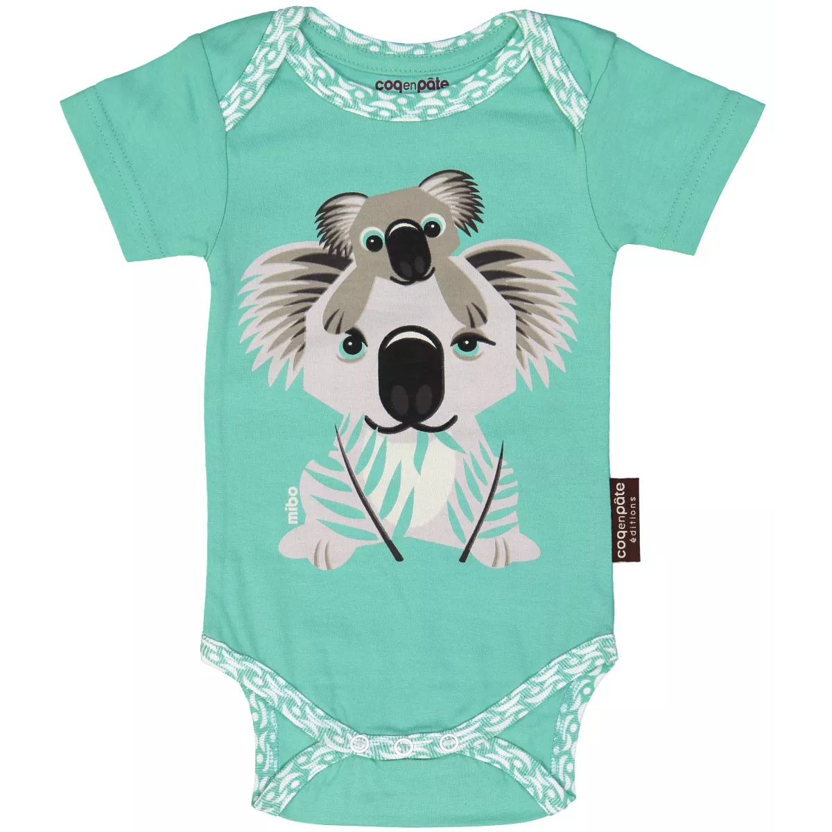 Bodies manches courtes pour bébé coton bio vert d'eau imprimé animal koala Bodies manches courtes pour bébé coton bio vert d'eau imprimé animal koala