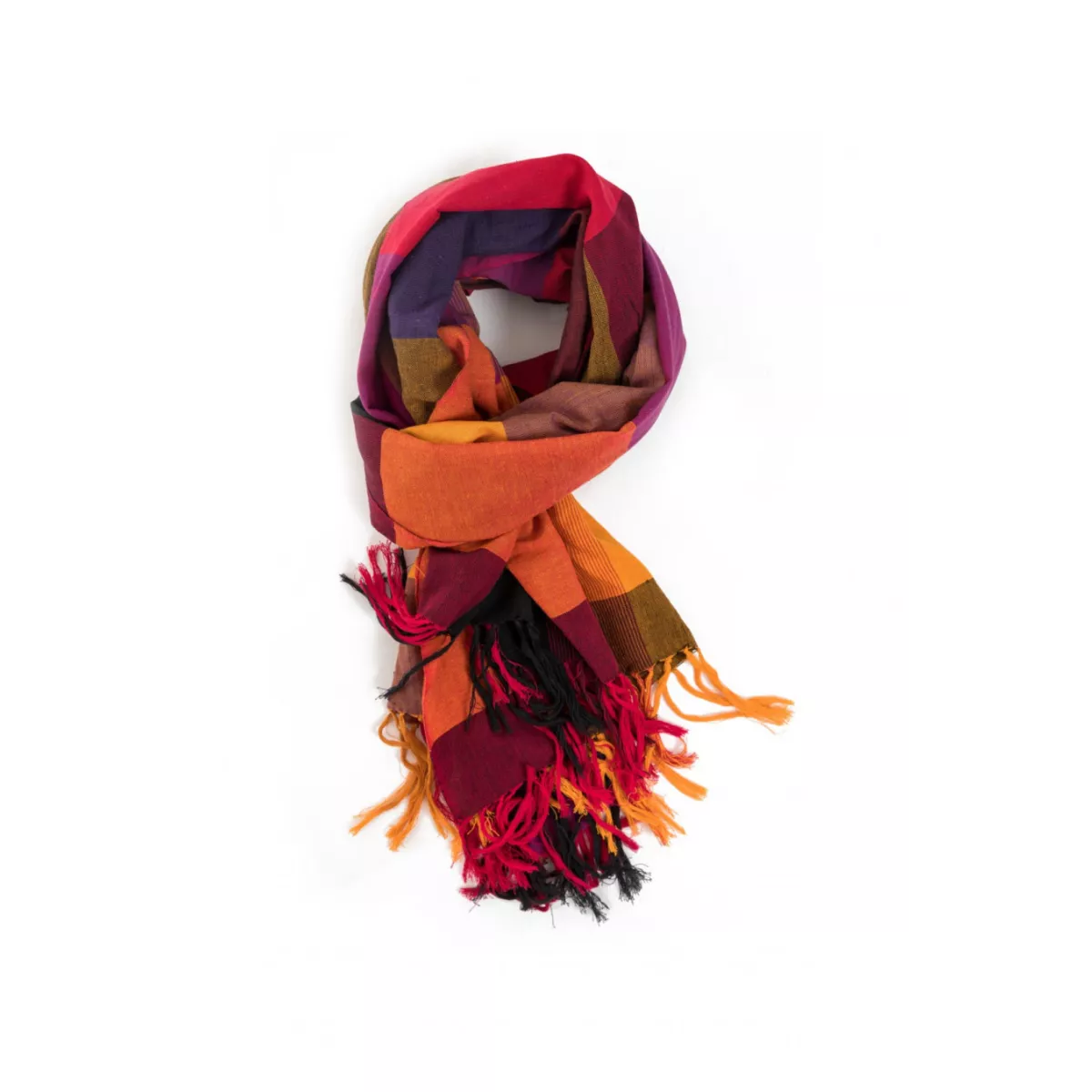 Cheche foulard style madras, coloré rouge, orangé et violet