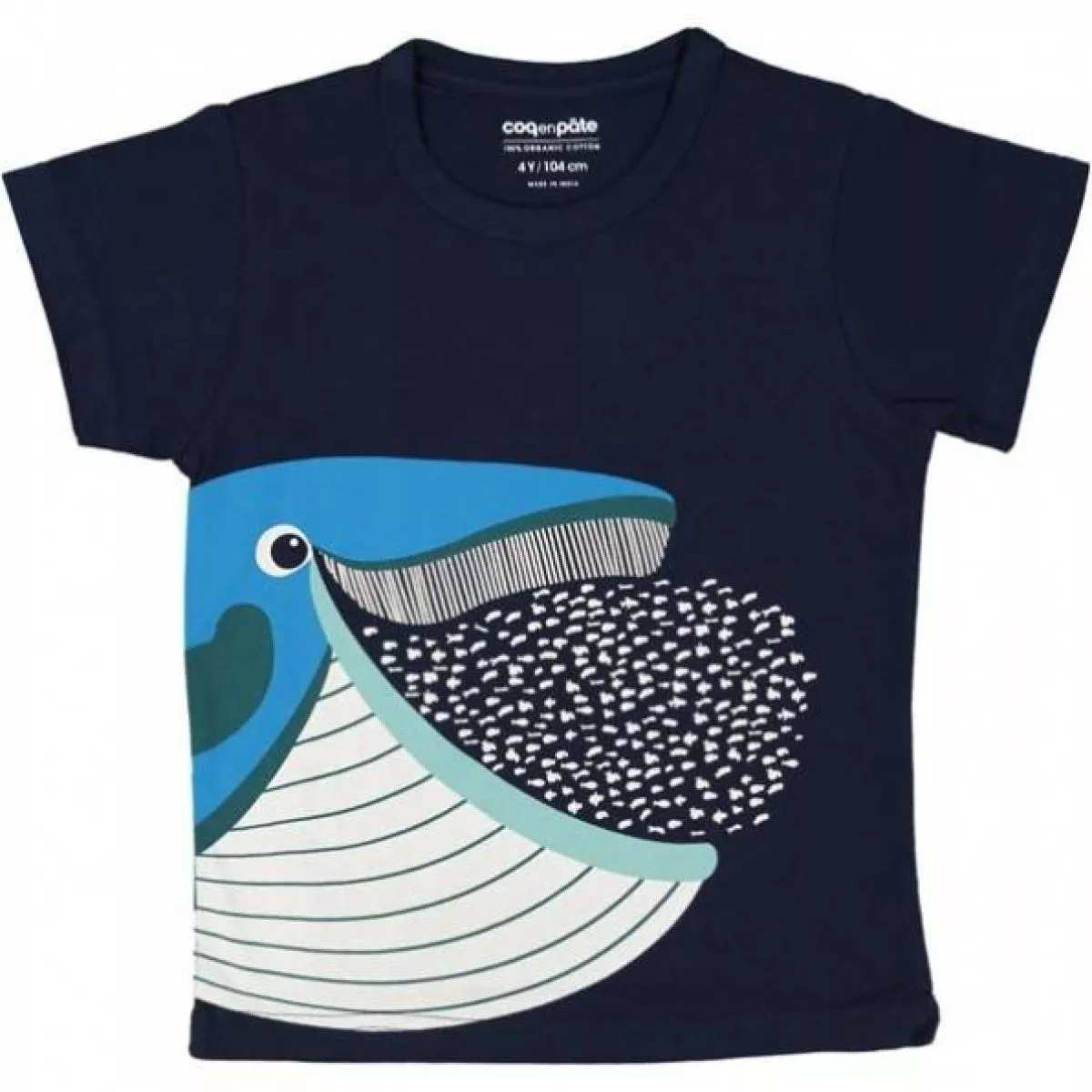 T-shirt coton bio bleu marine baleine et poissons