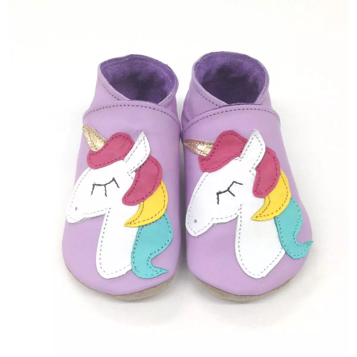 Chaussons cuir souple gris mauve avec licorne