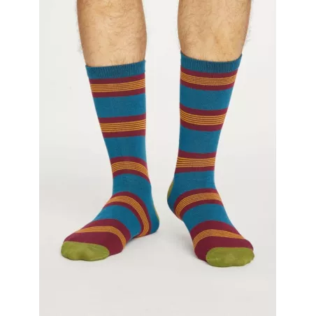 Chaussettes rayées homme en bambou et coton bio bleu et verte