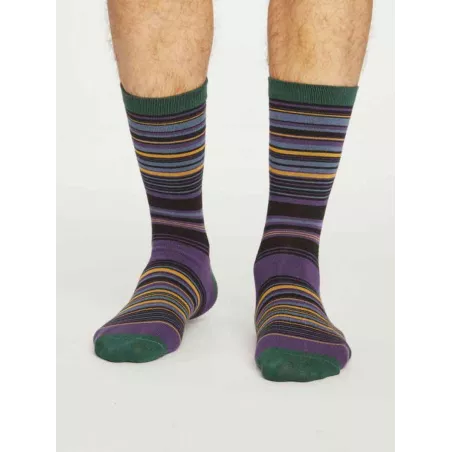 Chaussettes rayées homme en bambou et coton bio bleu, rouge et grises