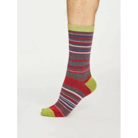 Chaussettes rayées homme en bambou et coton bio bleu, rouge et grises