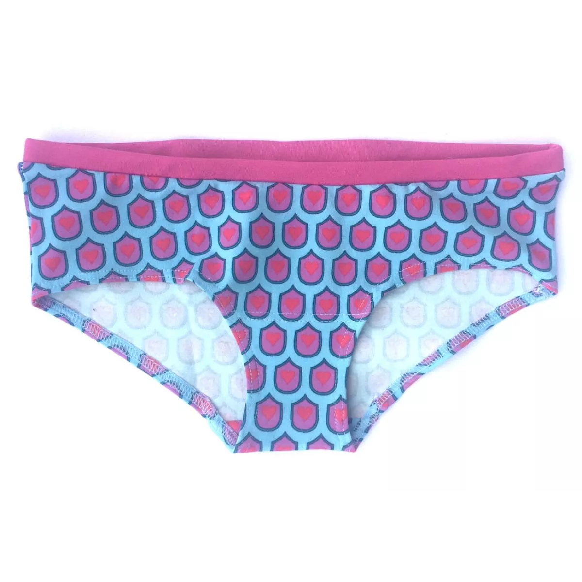 Culotte shorty bleu et rose imprimé géométrique et coeur