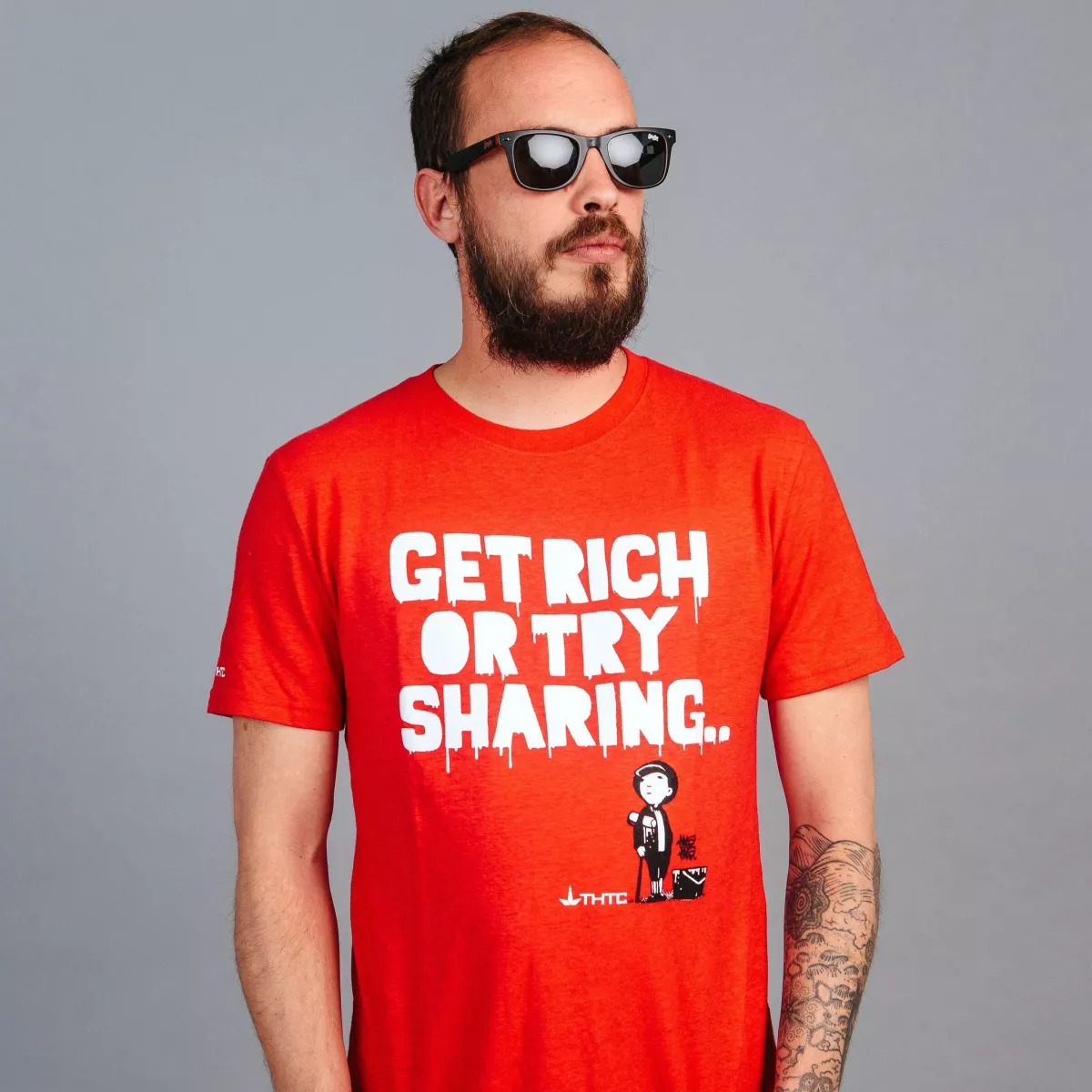 Tee shirt rouge chanvre et coton bio Get rich or try sharing