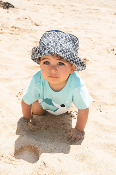 Ensemble bébé garçon 3 pièces gilet + pantalon + bonnet en maille P'tit  marin bleu ciel fabriqué au Portugal